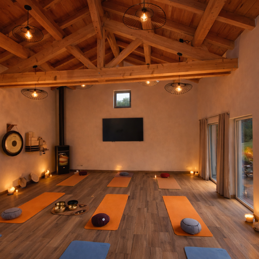 Salle de yoga 52 m² avec baies vitrées au Chalet Terejo