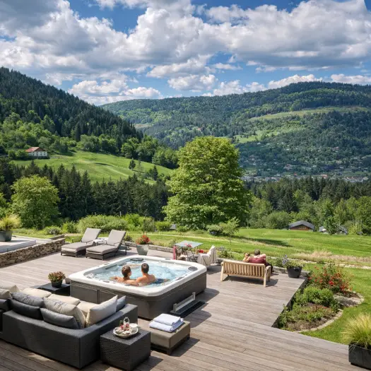 Vue panoramique sur les montagnes des Hautes-Vosges depuis le Chalet Terejo