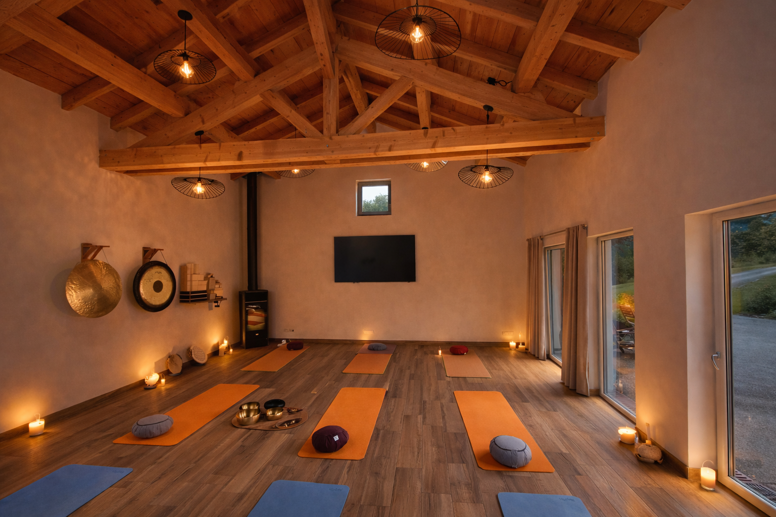Salle de yoga 52m² du Chalet Terejo prête à accueillir un stage