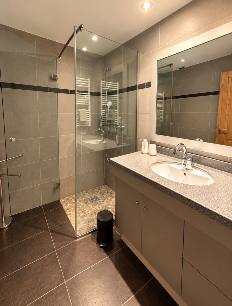 Salle de bain avec douche vitrée de la chambre Camomille
