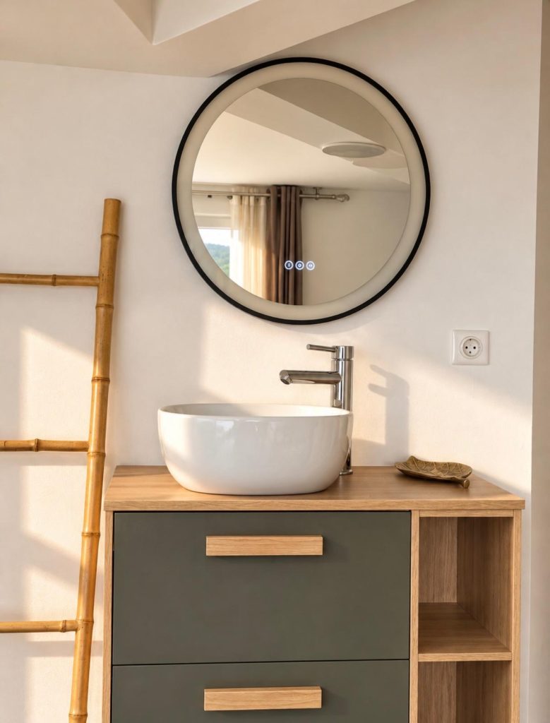 Coin lavabo avec vasque et miroir rond, chambre Hortensia