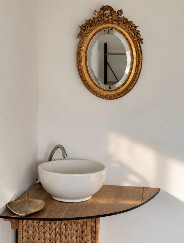 Coin lavabo et miroir doré ancien, chambre Immortelle