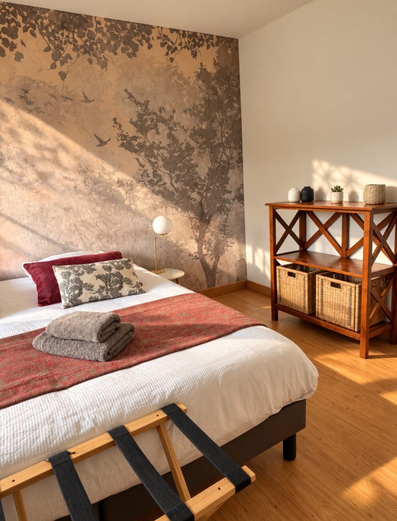 Chambre Rosa du Chalet Terejo, lit double et jeté rouge