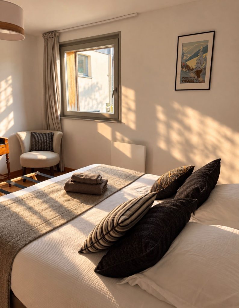 Lumière naturelle sur le lit de la chambre Verveine