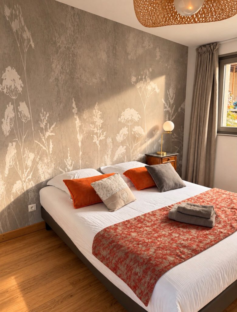 Chambre Ylang du Chalet Terejo, lit double devant le mur d’ombelles